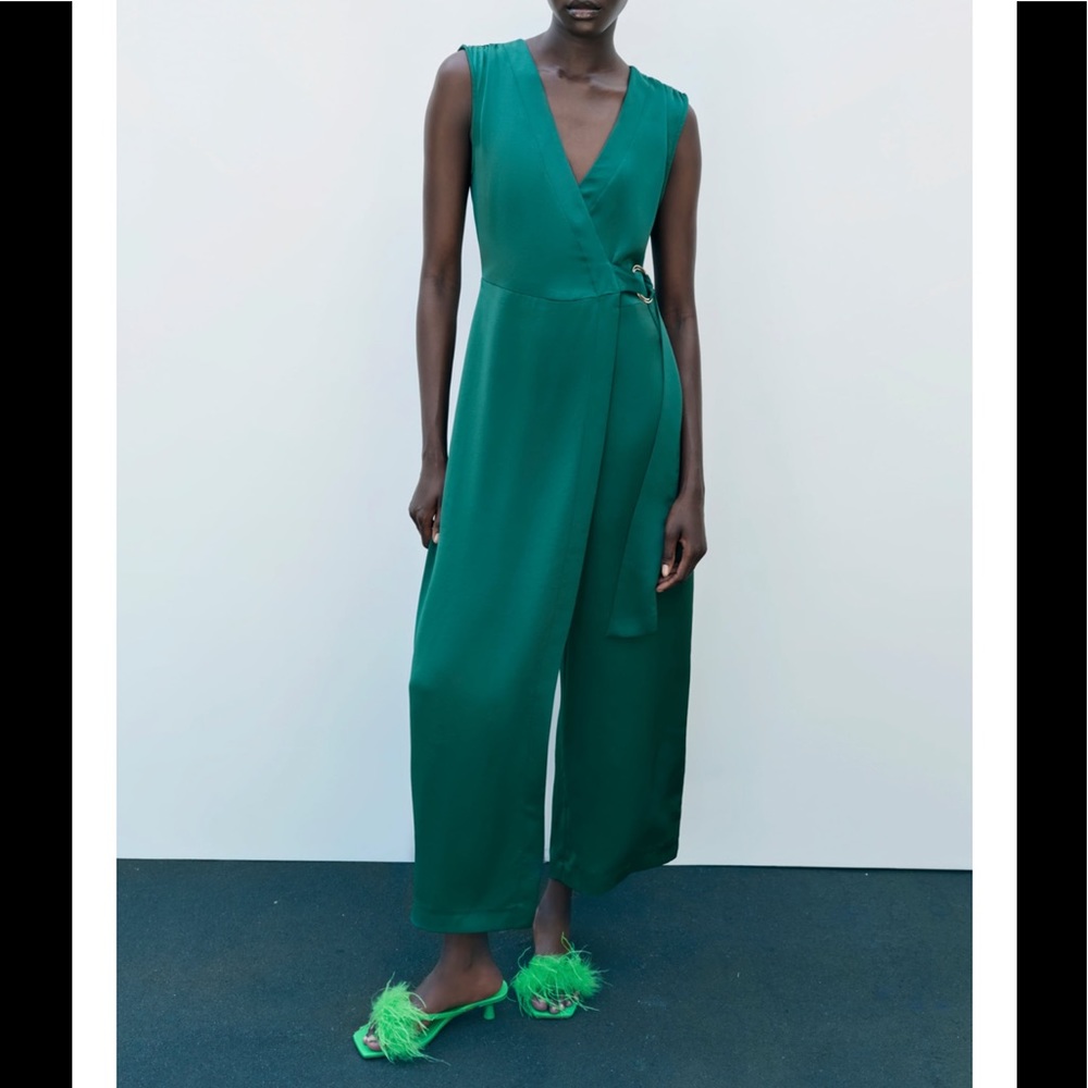 Zara green wrap jumpsuit with buckle